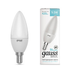 Лампа светодиодная Gauss E14 5,5W 4100К свеча матовая 1033126