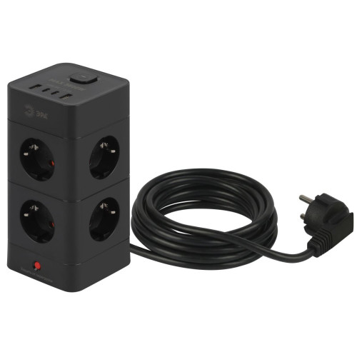 Сетевой фильтр ЭРА TWR-8es-1,5m-4USB-B башня с защитой заземлением с выключателем 8 розеток+4xUSBA+C 1,5м 16А черный Б0069072