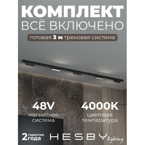 Трековая система со светильниками №4 трехфазная накладная Eldeko (48В, форма - прямая, 3м, 4000K) черная Hesby Lighting HSBL_kompl_E004_NI3B4K