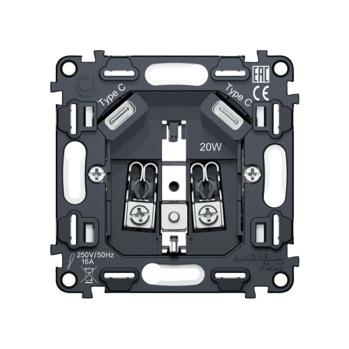 Механизм электрической розетки 2USB С+C 20W (быстрая зарядка) с/з на винтовых зажимах 16A-250V QUANT Ambrella Volt VM165