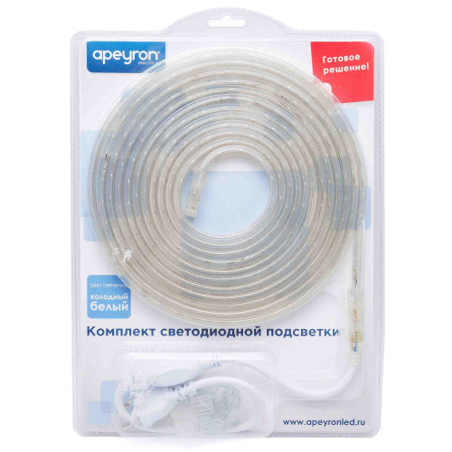 Комплект светодиодной ленты Apeyron 220В 4,8Вт/м smd3528/2835 60д/м IP65 300Лм/м 5м 6000К (сетевой шнур, заглушка, крепежи)  10-04