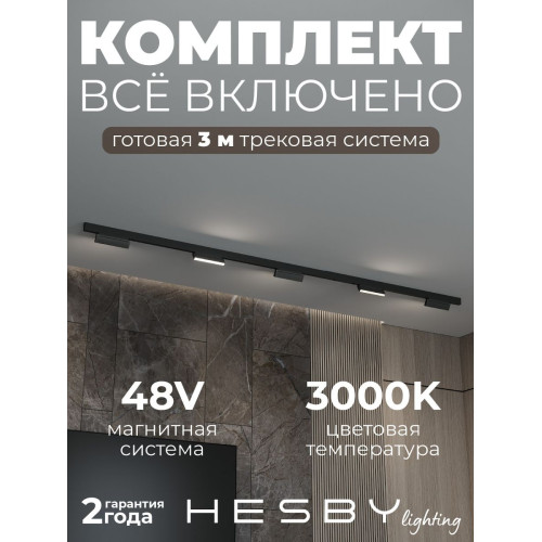 Трековая система со светильниками №4 трехфазная накладная Eldeko (48В, форма - прямая, 3м, 3000K) черная Hesby Lighting HSBL_kompl_E004_NI3B3K