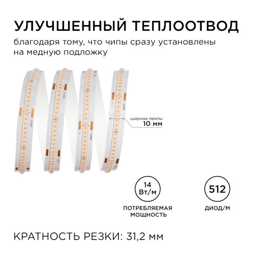 Светодиодная лента Apeyron 5м, 24В, 14Вт/м, COB, 512д/м, IP20 Фиолетовый 216ОО