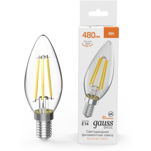 Светодиодная филаментная лампа Gauss Basic Filament E14 4W 3000K свеча 50312142