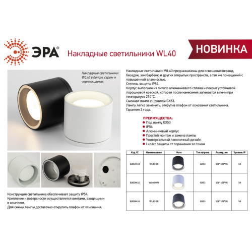 Накладной светильник Эра WL40 BK Б0054414