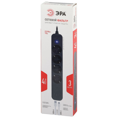 Сетевой фильтр Эра USF-4es-3m-2xUSBAC-B Б0059574