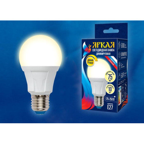 Лампа светодиодная диммируемая (UL-00004286) Uniel E27 10W 4000K матовая LED-A60 10W/4000K/E27/FR/DIM PLP01WH