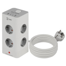 Сетевой фильтр ЭРА TWR-8es-1,5m-4USB-W башня с защитой заземлением с выключателем 8 розеток+4xUSBA+C 1,5м 16А белый Б0069071