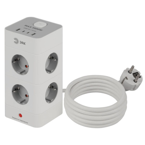 Сетевой фильтр ЭРА TWR-8es-1,5m-4USB-W башня с защитой заземлением с выключателем 8 розеток+4xUSBA+C 1,5м 16А белый Б0069071