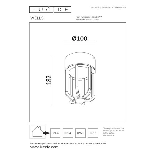 Уличный потолочный светильник Lucide Wells 33807/08/97