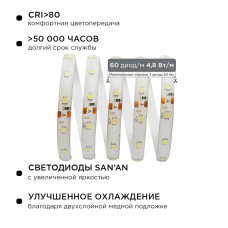 Комплект светодиодной ленты Apeyron 12В 4,8Вт/м smd3528, 60 д/м IP65 2,5м 6500K (блок, коннектор) 10-20