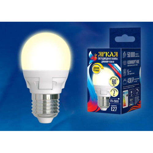 Лампа светодиодная диммируемая (UL-00004303) Uniel E27 7W 3000K матовая LED-G45 7W/3000K/E27/FR/DIM PLP01WH