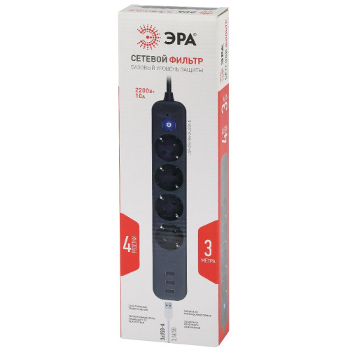 Сетевой фильтр Эра USF-4es-3m-3xUSBA-B Б0059570