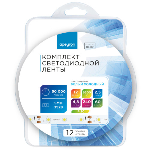 Комплект светодиодной ленты Apeyron 12В 4.8Вт/м smd 3528 60 д/м IP20 2,5м 6500K (блок, коннектор) 10-07