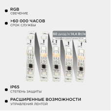 Комплект адресной светодиодной ленты Apeyron 24В 14,4Вт/м smd5050 60д/м IP65 10м RGB (адаптер питания, контроллер)  10-100