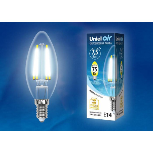 Лампа светодиодная филаментная (UL-00003245) Uniel E14 7,5W 3000K прозрачная LED-C35-7,5W/WW/E14/CL GLA01TR