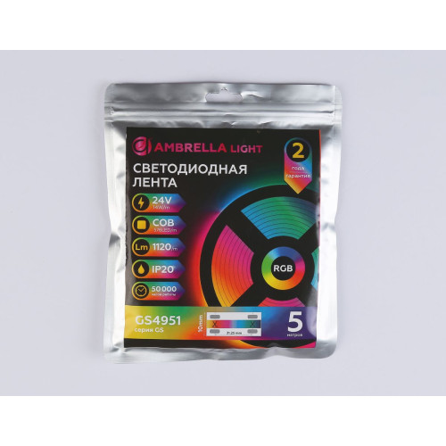 Светодиодная лента Ambrella Light Illumination COB 576Led/ 14W m/ 24V IP20 RGB/ 5m*10mm*3mm (4 конт.) GS4951