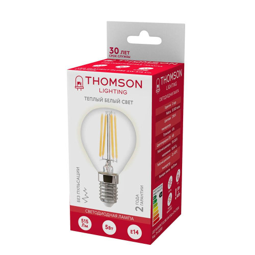 Лампа светодиодная филаментная Thomson E14 5W 2700K шар прозрачный TH-B2081
