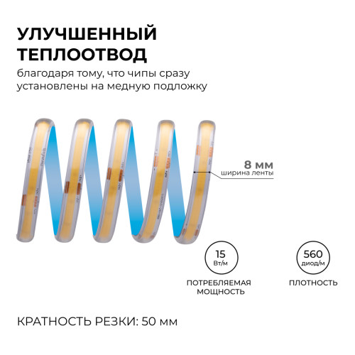 Светодиодная лента Apeyron PRO 24В COB 15Вт/м 6500К 5м IP65 00-491