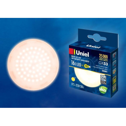 Лампа светодиодная (UL-00003726) Uniel GX53 16W 3000K матовая LED-GX53-16W/WW/GX53/FR PLZ01WH