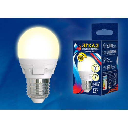 Лампа светодиодная диммируемая (UL-00004302) Uniel E14 7W 3000K матовая LED-G45 7W/3000K/E14/FR/DIM PLP01WH