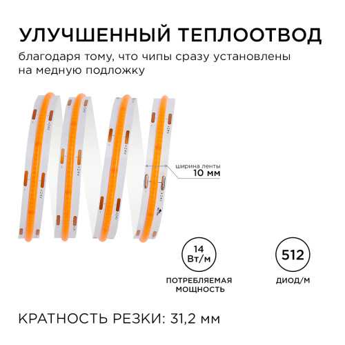 Светодиодная лента Apeyron 5м, 24В, 14Вт/м, COB, 512д/м, IP20 Розовый 215ОО