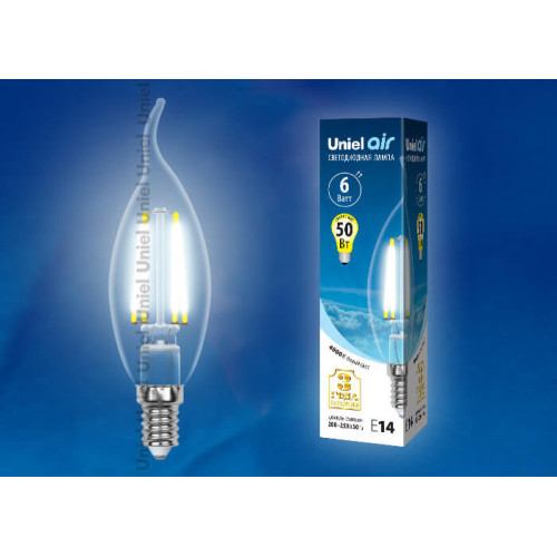 Лампа светодиодная филаментная (UL-00002229) Uniel E14 6W 4000K прозрачная LED-CW35-6W/NW/E14/CL GLA01TR