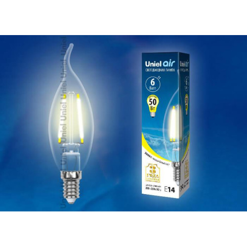 Лампа светодиодная филаментная (UL-00002198) Uniel E14 6W 4000K прозрачная LED-C35-6W/NW/E14/CL GLA01TR