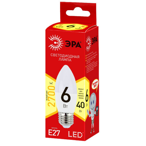 Лампа светодиодная Эра E27 6W 2700K ECO LED B35-6W-827-E27 Б0020620