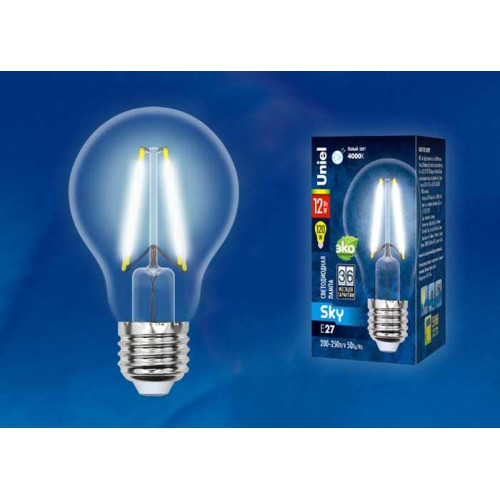 Лампа светодиодная филаментная (UL-00004866) Uniel E27 12W 3000K прозрачная LED-A60-12W/3000K/E27/CL PLS02WH