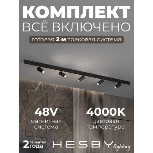 Трековая система со светильниками №3 трехфазная накладная Eldeko (48В, форма - прямая, 2м, 4000K) черная Hesby Lighting HSBL_kompl_E003_NI2B4K