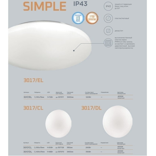Настенно-потолочный светильник Sonex Simple 3017/CL