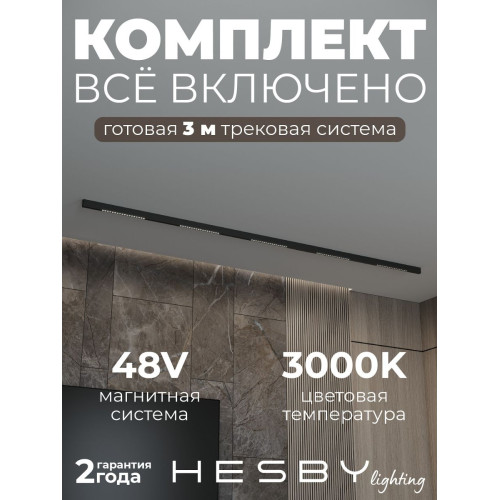 Трековая система со светильниками №2 трехфазная накладная Eldeko (48В, форма - прямая, 3м, 3000K) черная Hesby Lighting HSBL_kompl_E002_NI3B3K