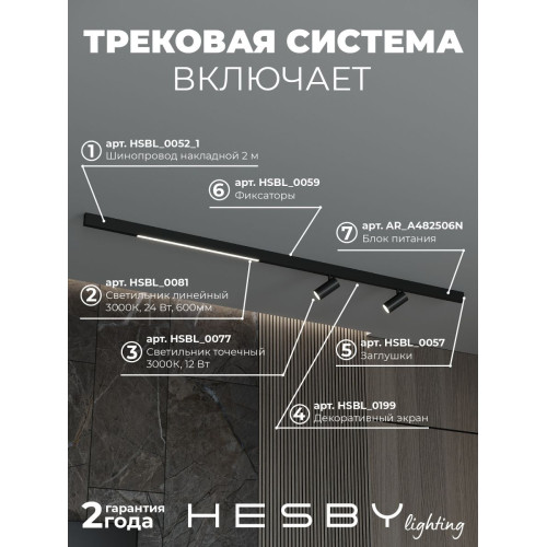 Трековая система со светильниками №5 трехфазная накладная Eldeko (48В, форма - прямая, 2м, 3000K) черная Hesby Lighting HSBL_kompl_E005_NI2B3K