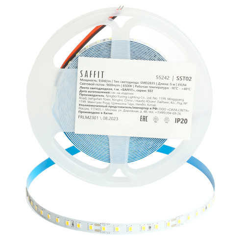 Светодиодная лента Saffit SST02 12В 9,6Вт/м 6500К 5м IP20 55242