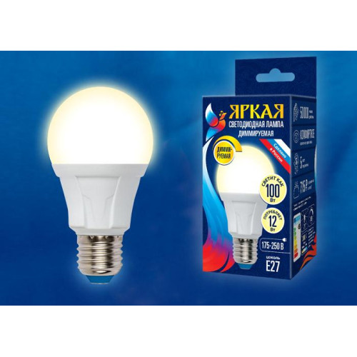 Лампа светодиодная диммируемая (UL-00004289) Uniel E27 12W 4000K матовая LED-A60 12W/4000K/E27/FR/DIM PLP01WH