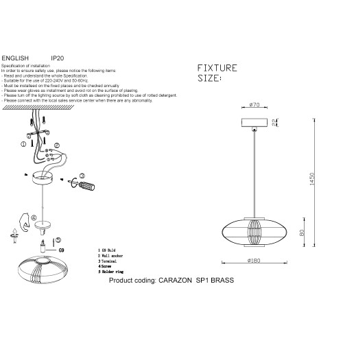 Подвесной светильник Crystal Lux CARAZON SP1 BRASS