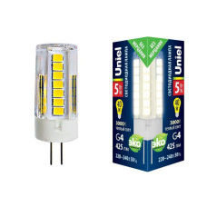 Лампа светодиодная (UL-00006744) Uniel G4 5W 3000K прозрачная LED-JC-220/5W/3000K/G4/CL GLZ09TR