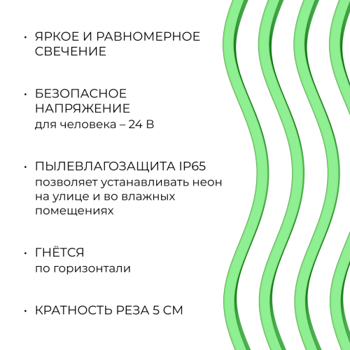 Светодиодный неон Apeyron 24В, 10Вт/м, зеленый smd 2835 120д/м, PCB 8мм, 6х12мм, 5м, IP65 17-306