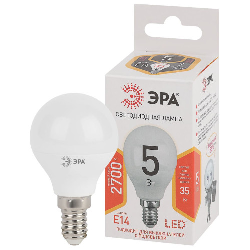 Лампа светодиодная Эра E14 5W 2700K LED P45-5W-827-E14 Б0028485