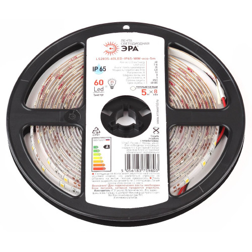 Светодиодная лента Эра 12В 2835 4,8Вт/м 3000K 5м IP65 LS2835-60LED-IP65-WW-eco-5m Б0035592