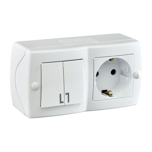 Выключатель двухклавишная + розетка с заземлением Mono Electric Octans IP20 10А 250В белый 104-010101-181