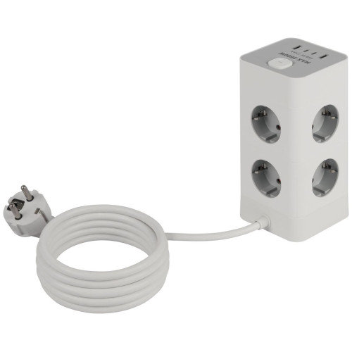 Сетевой фильтр ЭРА TWR-8es-1,5m-4USB-W башня с защитой заземлением с выключателем 8 розеток+4xUSBA+C 1,5м 16А белый Б0069071