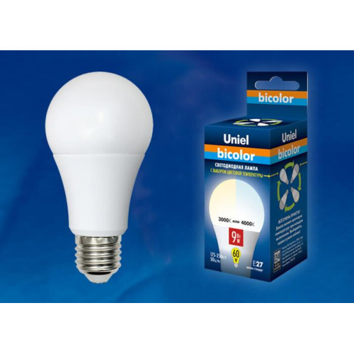 Лампа светодиодная (UL-00001569) Uniel E27 9W 4000K матовая LED-A60-9W/WW+NW/E27/FR PLB01WH