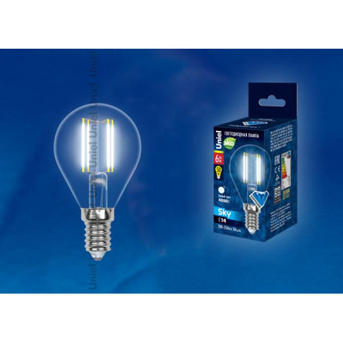 Лампа светодиодная филаментная (UL-00001370) Uniel E27 6W 4000K прозрачная LED-G45-6W/NW/E27/CL PLS02WH