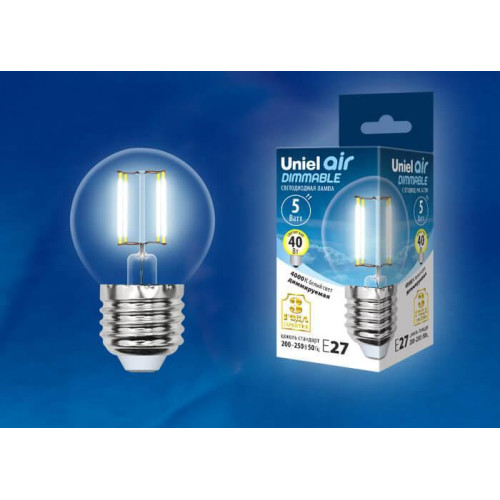 Лампа светодиодная филаментная (UL-00002871) Uniel E27 5W 4000K LED-G45-5W/NW/E27/CL/DIM GLA01TR