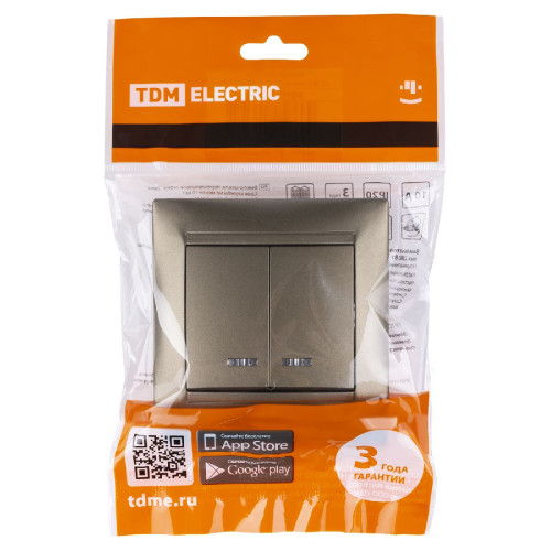 Выключатель двухклавишный с подсветкой Лама TDM Electric SQ1815-0705
