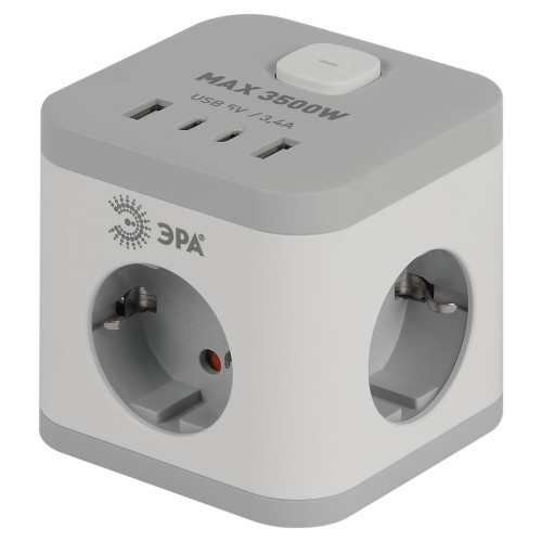 Сетевой фильтр ЭРА CUBE-3es-1,5m-4USB-W куб с заземлением с выключателем 3 розетки+4xUSBA+C 1,5м 16А белый Б0069073