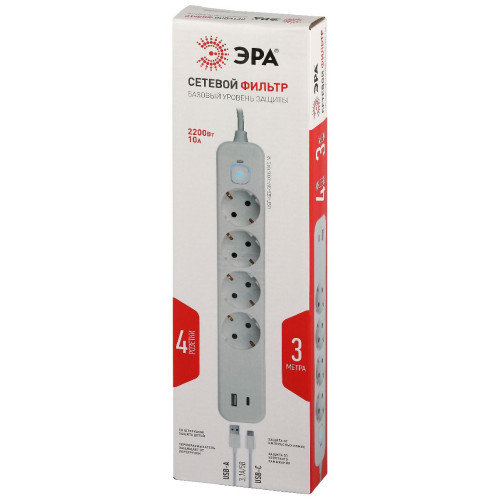 Сетевой фильтр Эра USF-4es-3m-2xUSBAC-W Б0059573