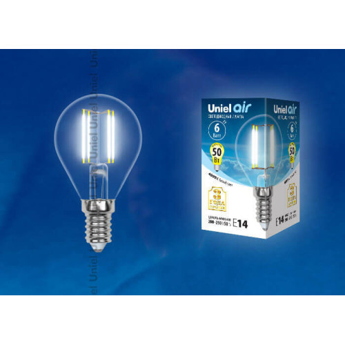 Лампа светодиодная филаментная (UL-00002207) Uniel E14 6W 4000K прозрачная LED-G45-6W/NW/E14/CL GLA01TR